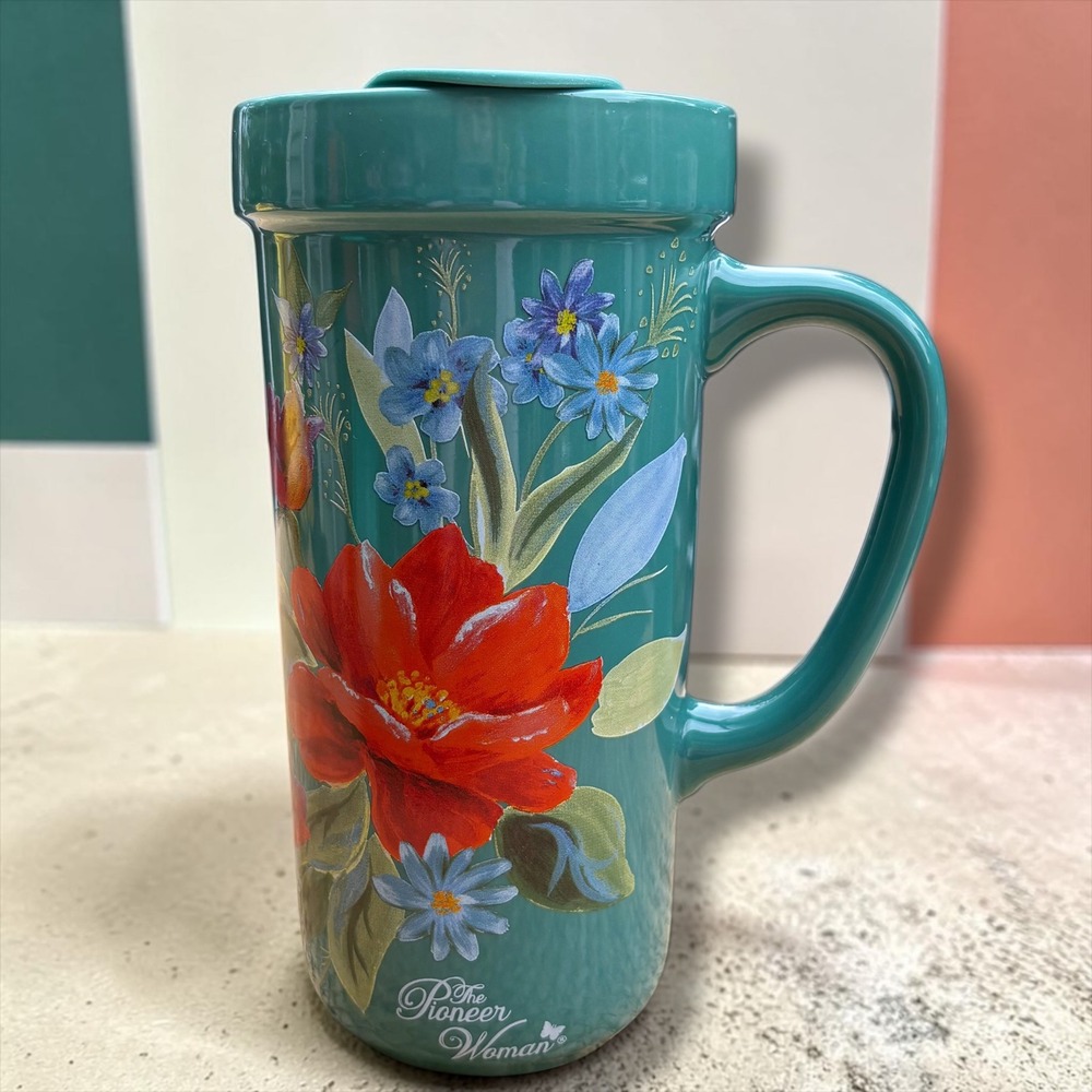 The Pioneer Woman Teal Floral Ceramic Travel Mug with Lid 12oz Ree Drummond